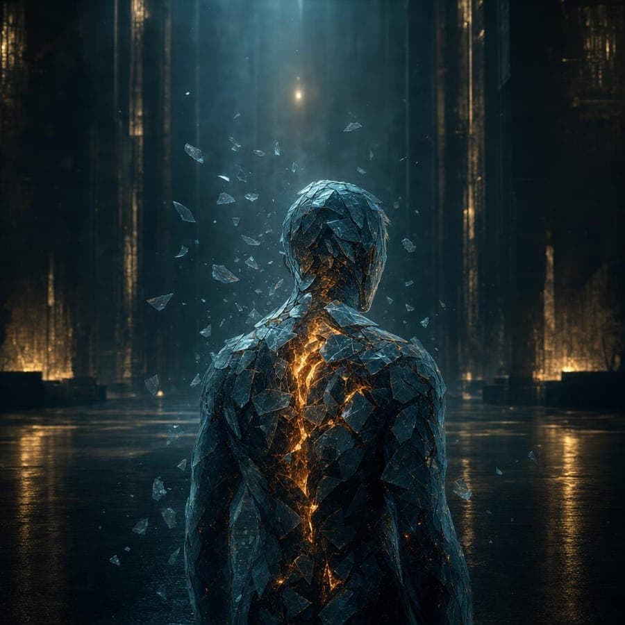 Силуэт с раскалывающейся оболочкой из ледяных осколков, сквозь трещины проступает тёплый свет